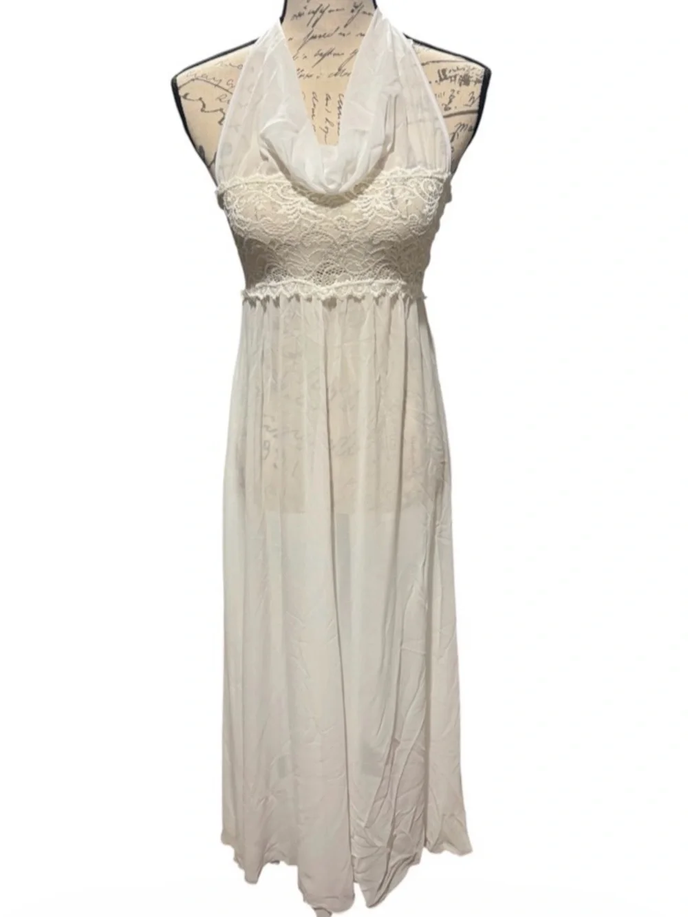 Fantasy Lingerie vintage white sheer lace halter maxi nightgown size medium
